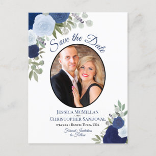 Elegant Blue Roses & Photo Wedding Save the Date Announcement Postcard