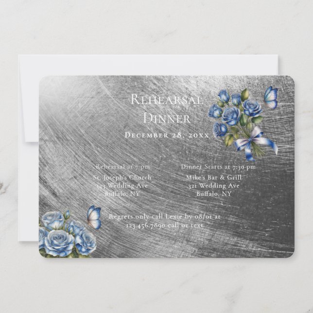 Elegant Blue Roses Silver Rehearsal Dinner Invitation (Front)