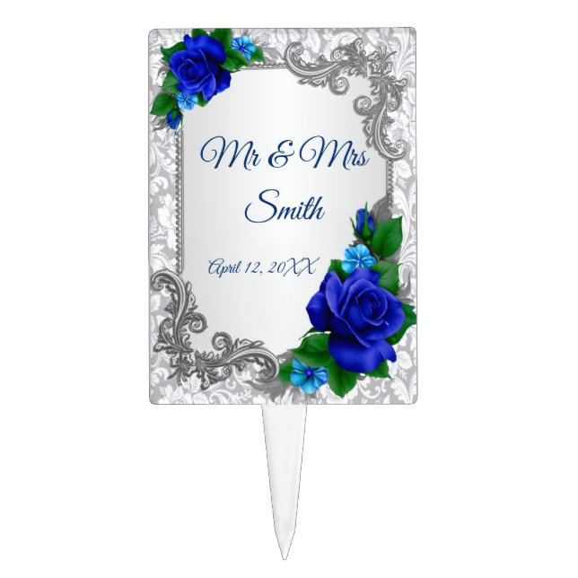 Elegant Blue Roses Wedding Cake Topper (Front)