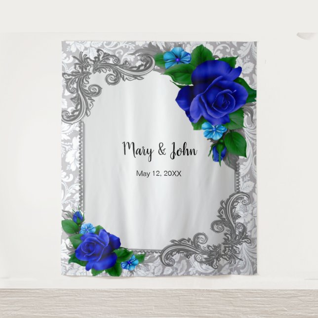Elegant Blue Roses Wedding Photo Backdrop (Front)