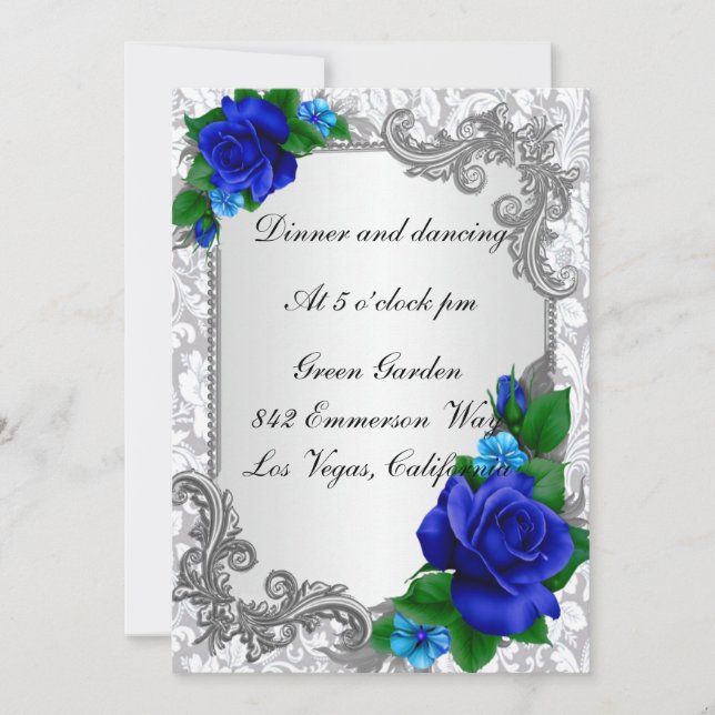 Elegant Blue Roses Wedding Reception Card (Front)