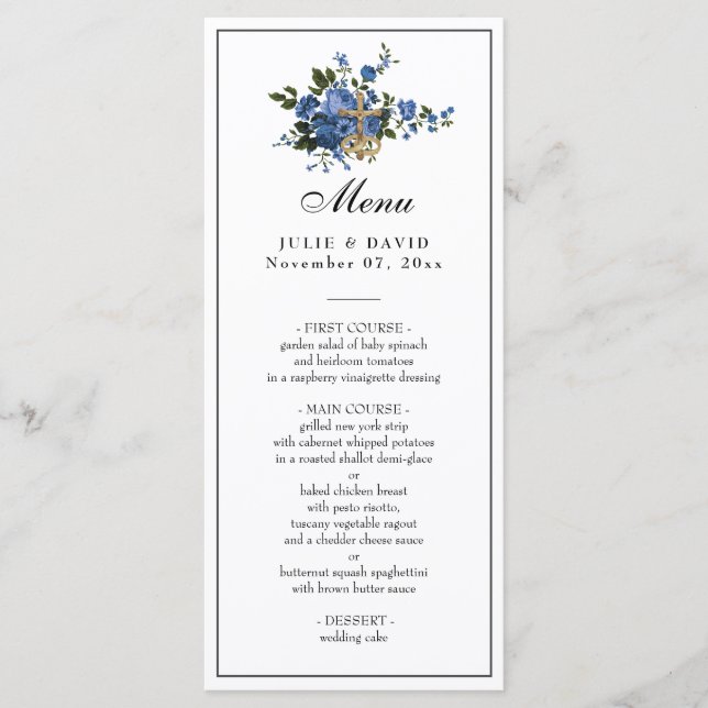 Elegant Blue Roses Wedding Religious Menu (Front)