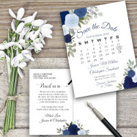 Elegant Blue Roses Wedding Save the Date Calendar