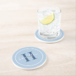 Elegant Blue Round Custom Monogram Initial Coaster<br><div class="desc">Elegant round personalized beverage drink coaster design features a classic custom serif monogram initial in a cobalt blue color with your last name in modern white calligraphy script against a dusty powder blue colored background. A simple white circle frames the design. Color scheme can be customized to coordinate perfectly with...</div>