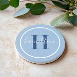 Elegant Blue Round Monogram Script Name Coaster<br><div class="desc">An elegant sandstone coaster featuring a dark blue serif initial and custom family name in script, framed by a white circle on a soft dusty powder blue background. The layered blue tones create a calm, sophisticated coastal accent. A beautiful personalized gift for housewarmings, weddings, or blue decor lovers. All text...</div>
