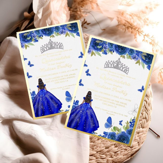 Elegant Blue Royal Floral Butterfly Quinceanera Foil Invitation (Creator Uploaded)