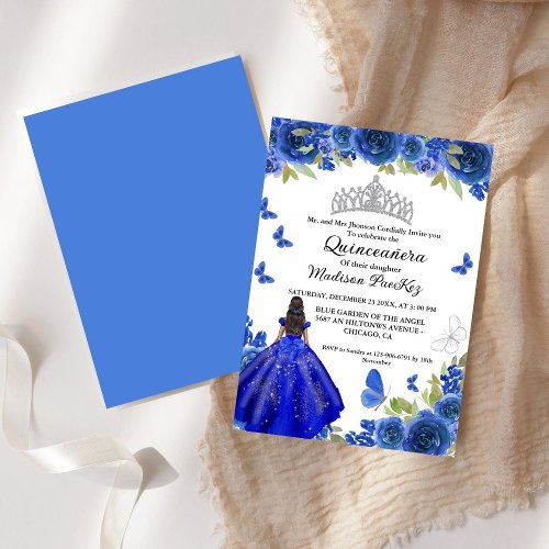 Elegant Blue Royal Floral Butterfly  Quinceanera  Invitation