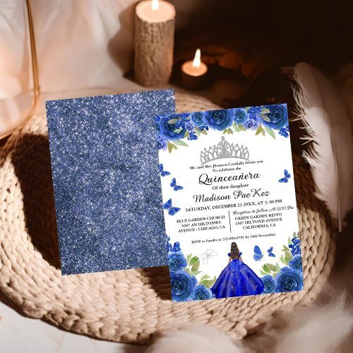 Elegant Blue Royal Floral Butterfly  Quinceanera Invitation