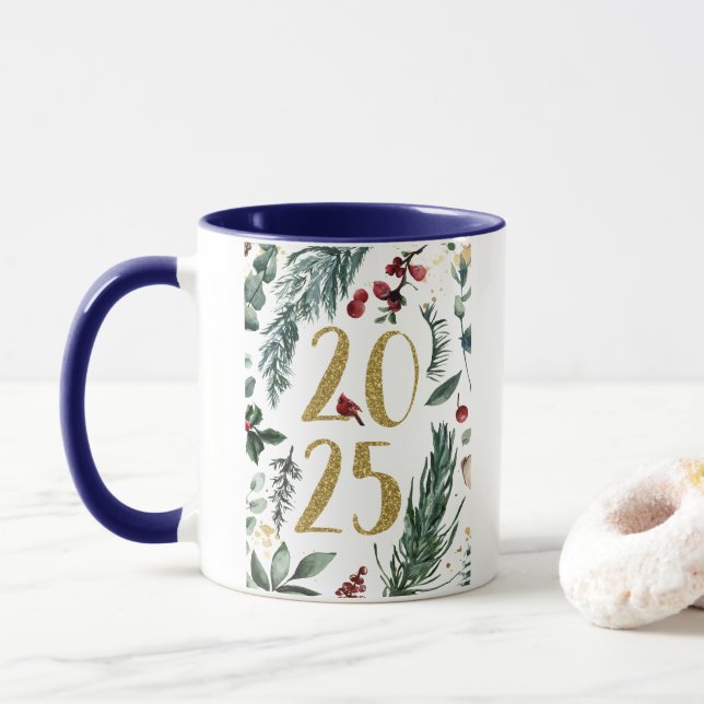 Elegant Blue Rustic 2025 New Years Holiday Card Mug (With Donut)