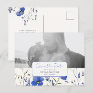 Elegant Blue Rustic Wildflower Photo Save the Date Postcard