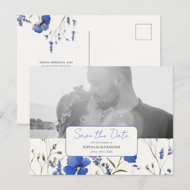 Elegant Blue Rustic Wildflower Photo Save the Date Postcard (Front/Back)