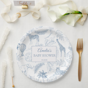 Elegant Blue Safari Animals Jungle Baby Shower Paper Plates