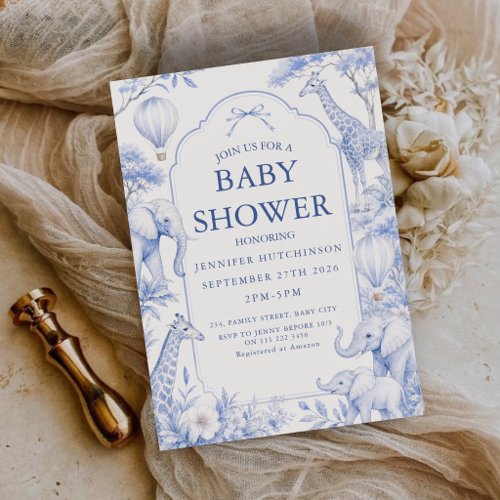 Elegant Blue Safari Baby Shower Toile De Jouy Invitation