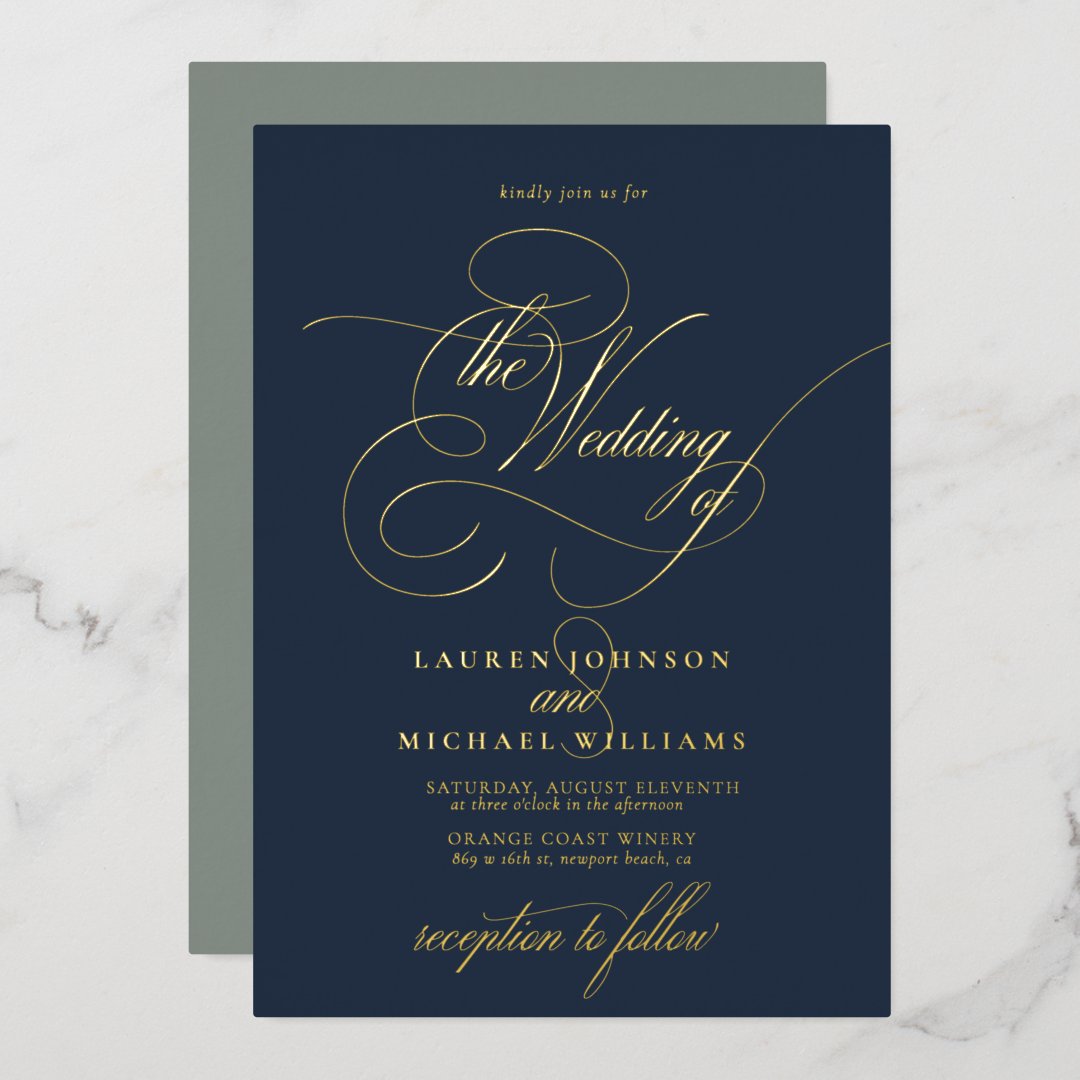 Elegant Blue Sage Gold Modern Calligraphy Wedding Foil Invitation | Zazzle