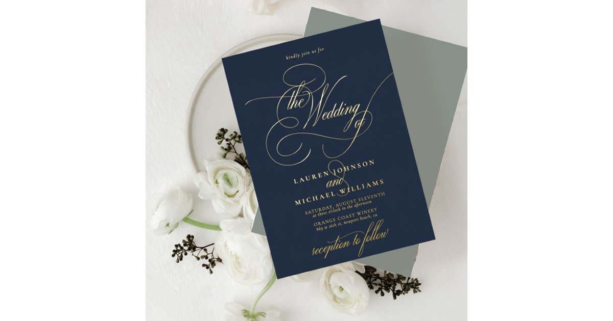 Elegant Blue Sage Gold Modern Calligraphy Wedding Foil Invitation | Zazzle