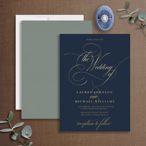 Elegant Blue Sage Gold Modern Calligraphy Wedding Foil Invitation