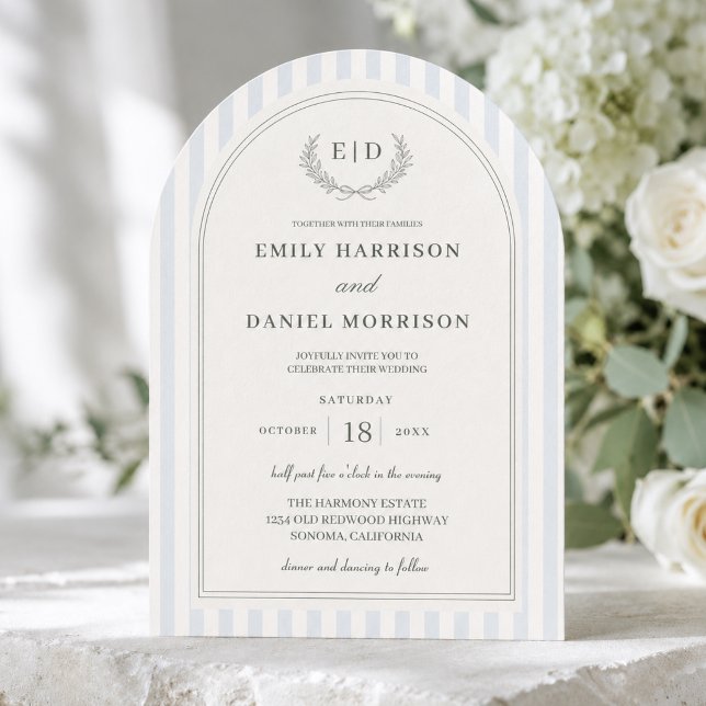 Elegant Blue & Sage Green Striped Wedding Invitation (Creator Uploaded)