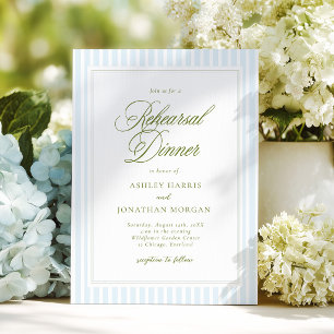 Elegant Blue & Sage Stripe Rehearsal Dinner Invitation