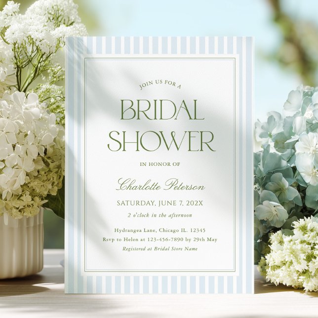Elegant Blue & Sage Striped Bridal Shower Invitation (Creator Uploaded)
