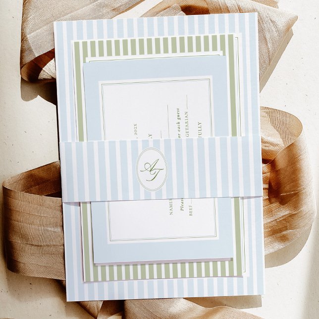 Elegant Blue & Sage Striped  Invitation Belly Band (Creator Uploaded)