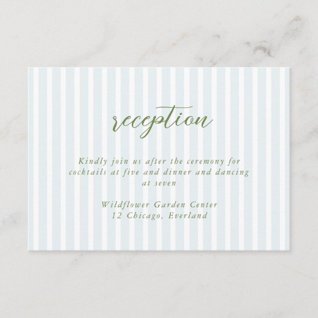 Elegant Blue & Sage Striped Wedding Enclosure Card (Front)
