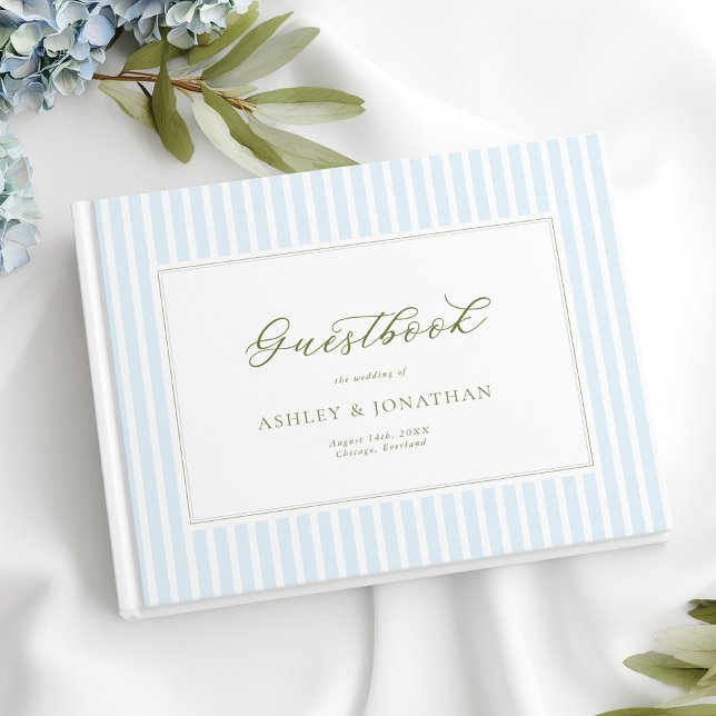 Elegant Blue & Sage Striped Wedding Invitation Guest Book (Creator Uploaded)