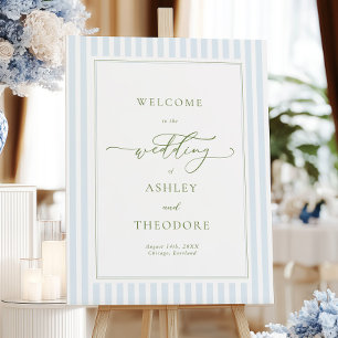 Elegant Blue & Sage Striped Wedding Welcome Foam Board