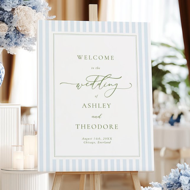 Elegant Blue & Sage Striped Wedding Welcome Foam Board (Creator Uploaded)