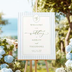 Elegant Blue & Sage Striped Wedding Welcome Foam Board