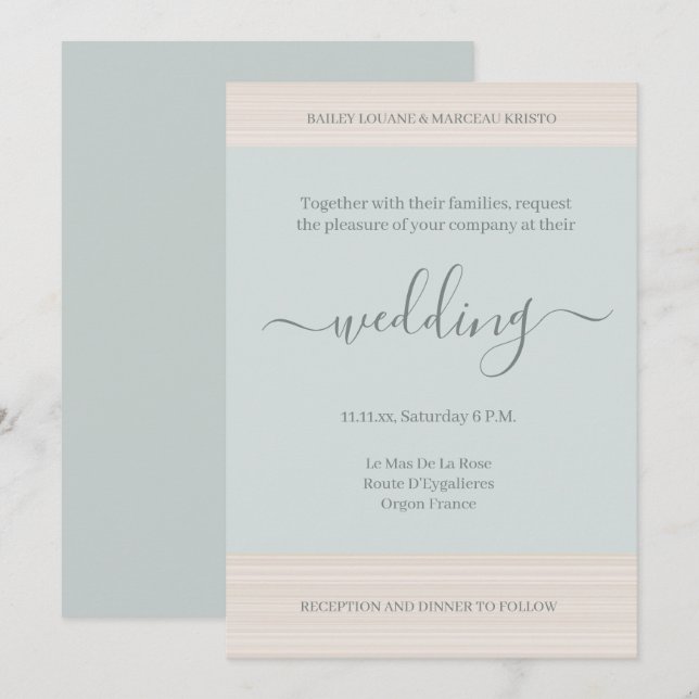 Elegant Blue Sage Wood Grain Stripes Chic Wedding Invitation (Front/Back)
