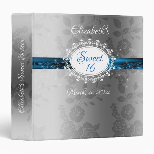 Elegant Blue Satin and Silver Sweet Sixteen Photo 3 Ring Binder (Front/Spine)