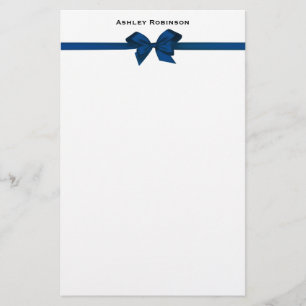 Elegant Blue Satin Bow on White Stationery