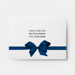 Elegant Blue Satin Bow on Wht RSVP Return Address Envelope