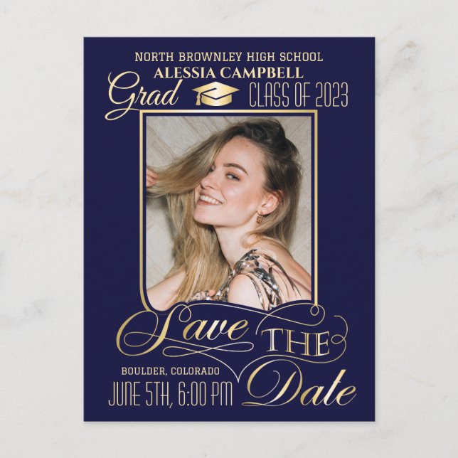 Elegant Blue Save the Date Graduation Postcard (Front)