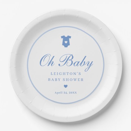 Elegant Blue Script Boys Oh Baby Shower  Paper Plates