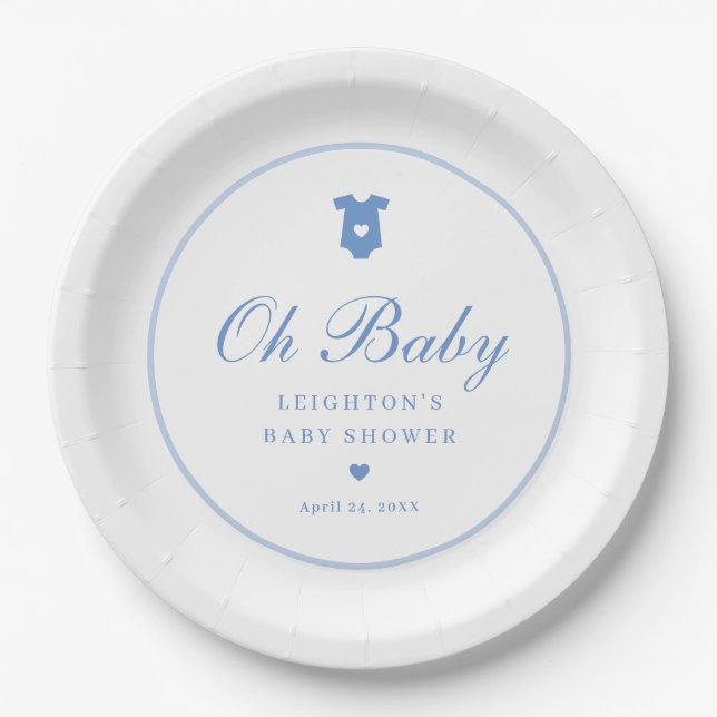 Elegant Blue Script Boys Oh Baby Shower  Paper Plates (Front)