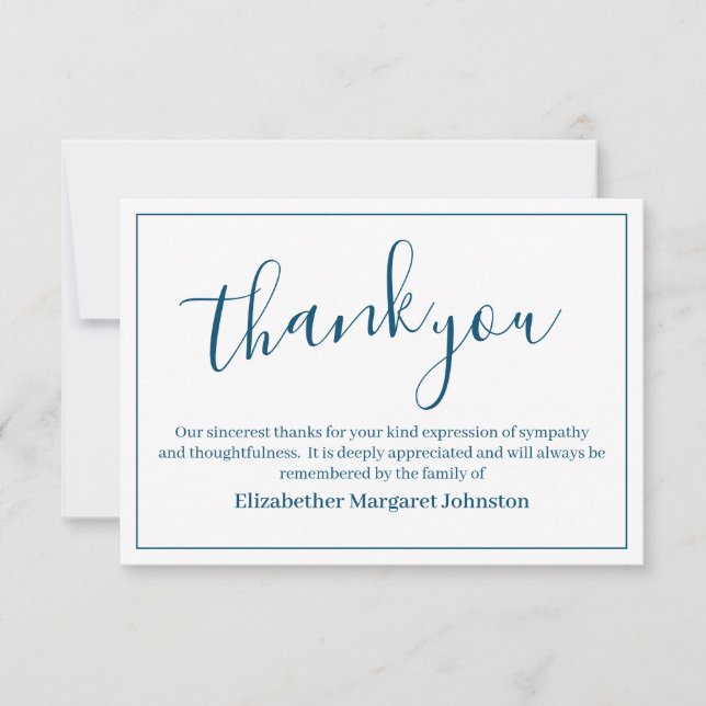 Elegant Blue Script Funeral Thank You Bereavement Card (Front)