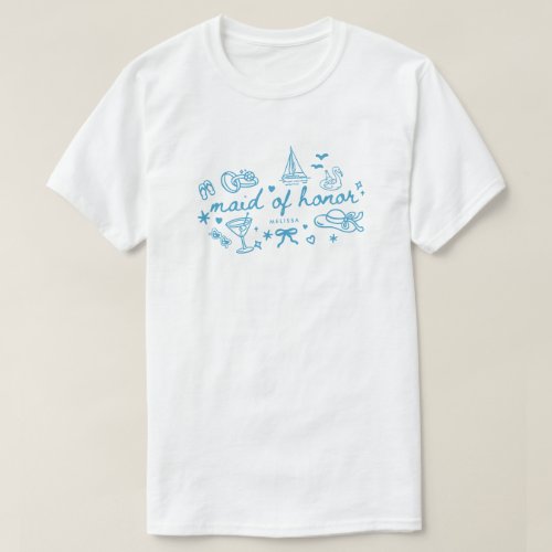 Elegant Blue Script Maid of Honor Custom Name T-Shirt