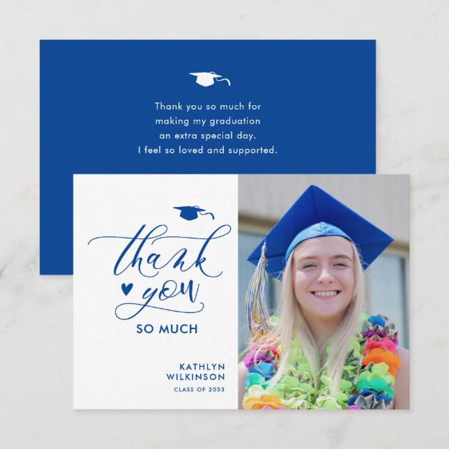 Elegant Blue Script Minimalist Photo Graduation Thank You Card (Front/Back)