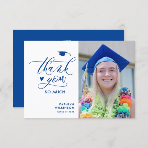 Elegant Blue Script Minimalist Photo Graduation Thank You Card