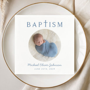 Elegant Blue Script Photo Baptism Napkins