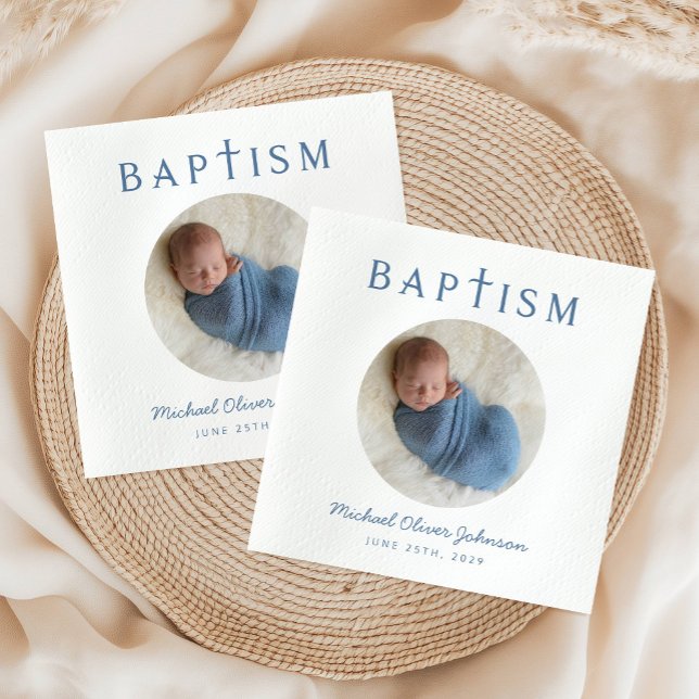 Elegant Blue Script Photo Baptism Napkins (Elegant Blue Script Photo Baptism Napkins)