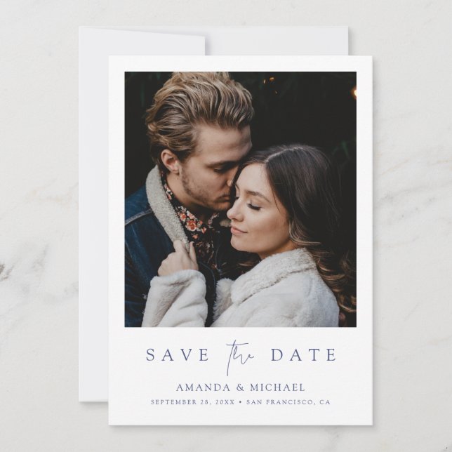 Elegant Blue Script Photo Save The Date (Front)