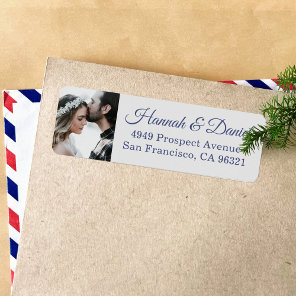 Elegant Blue Script Photo Wedding Return Address Label