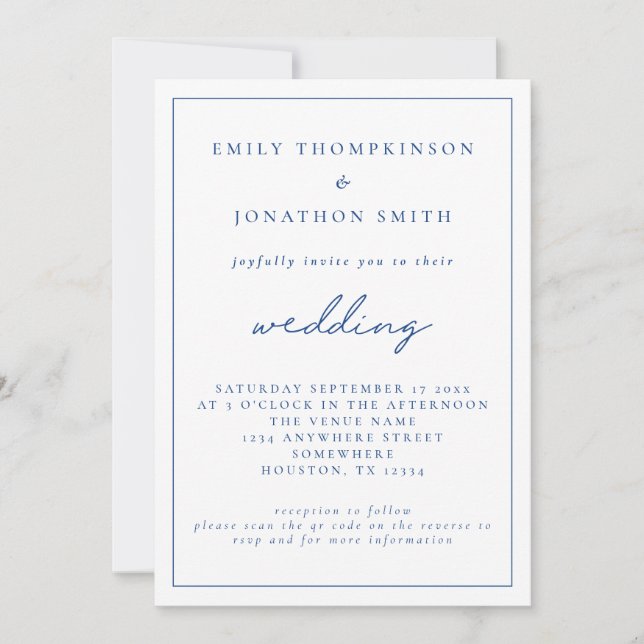  Elegant Blue Script QR Code Wedding  Invitation (Front)