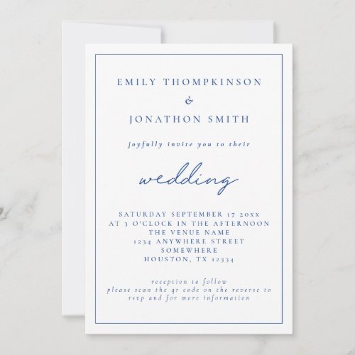  Elegant Blue Script QR Code Wedding  Invitation