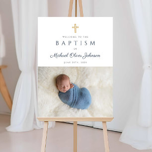 Elegant Blue Script Religious Boy Baptism Welcome Foam Board