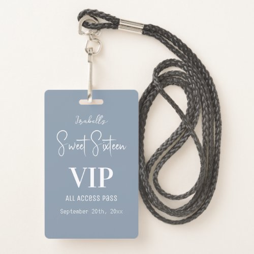 Elegant Blue Script Sweet Sixteen Invitation VIP  Badge