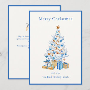 Elegant Blue Script Watercolor Christmas Tree Holiday Card