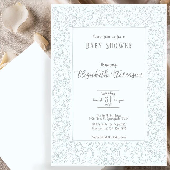 Elegant Blue Scrollwork Baby Shower  Invitation (Creator Uploaded)